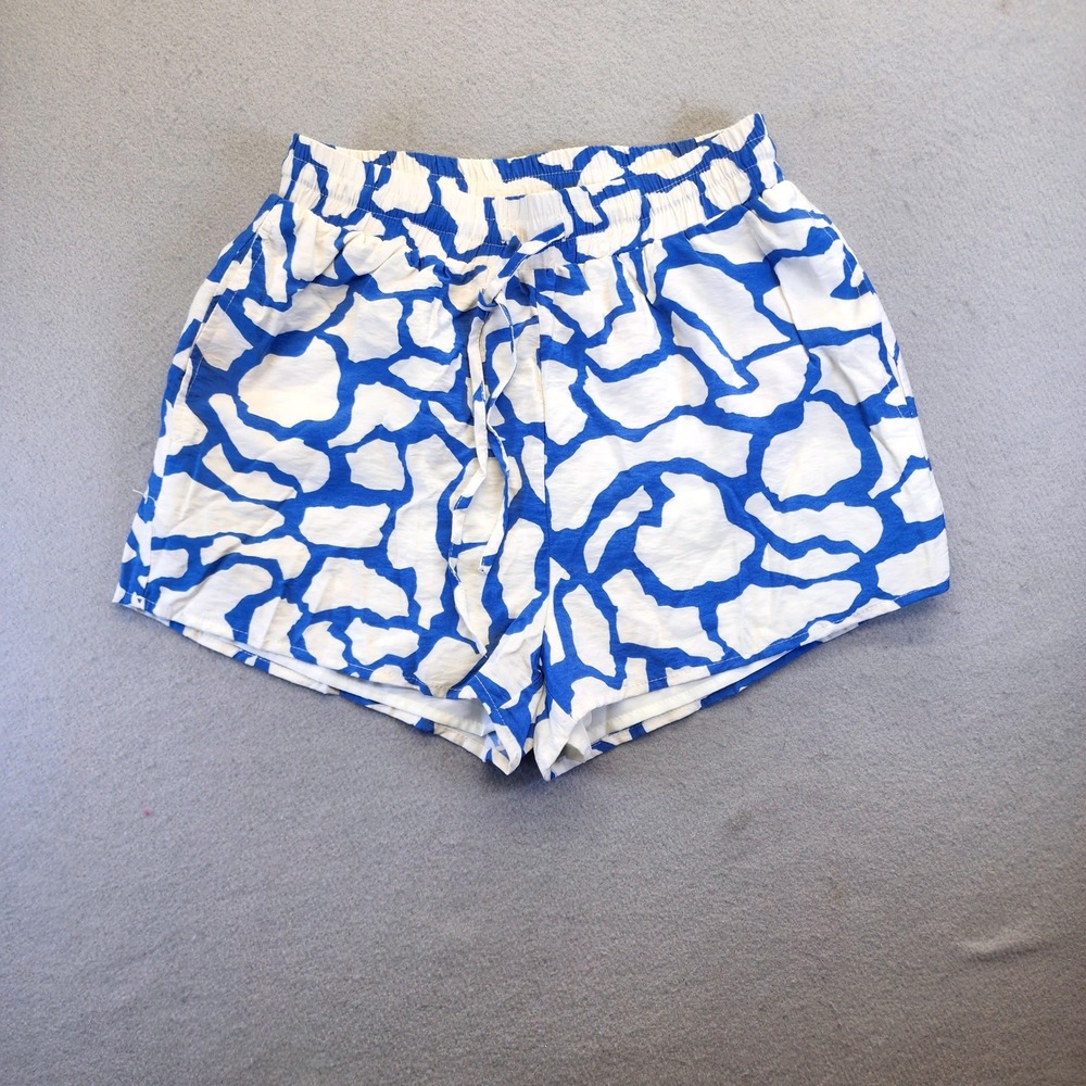 Vestique Blue White Abstract Print Shorts Elastic Waist Drawstring Pockets Small